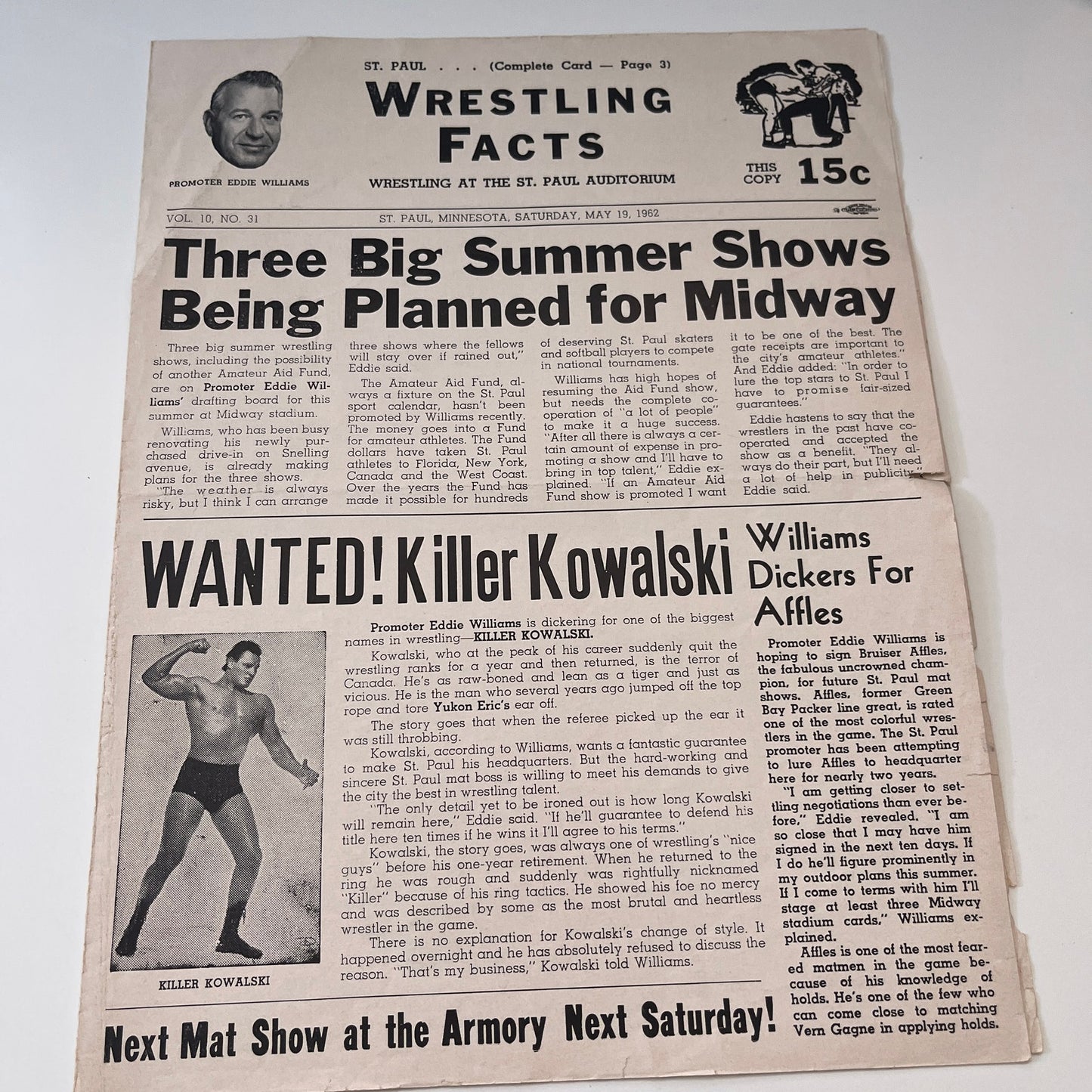 Vern Gagne Killer Kowalski May 19 1962 Wrestling Facts Program & Card V1-3