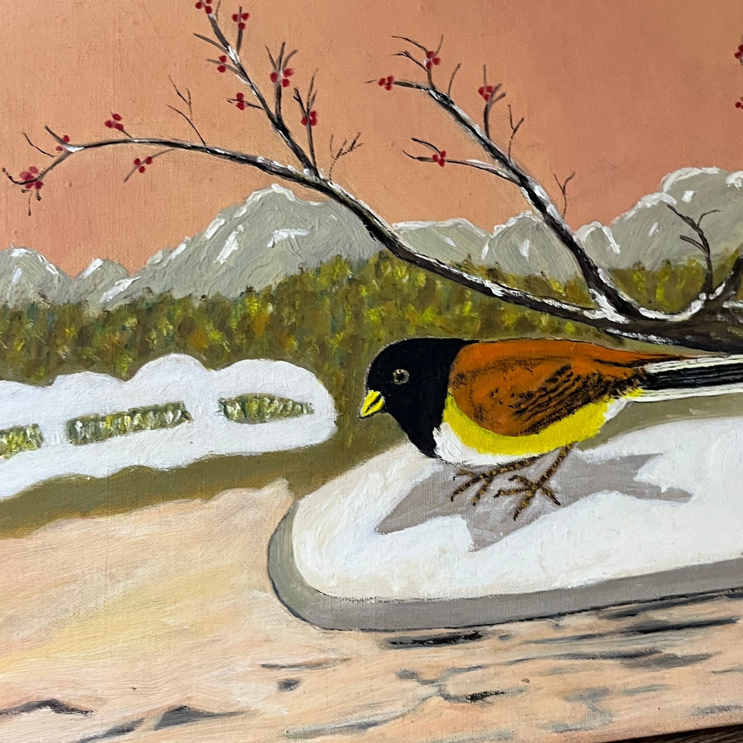 Retro Kitsch Western Spotted Towhee Bird Original Painting Canvas Panel 10x14 V3