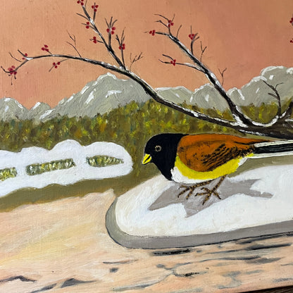 Retro Kitsch Western Spotted Towhee Bird Original Painting Canvas Panel 10x14 V3