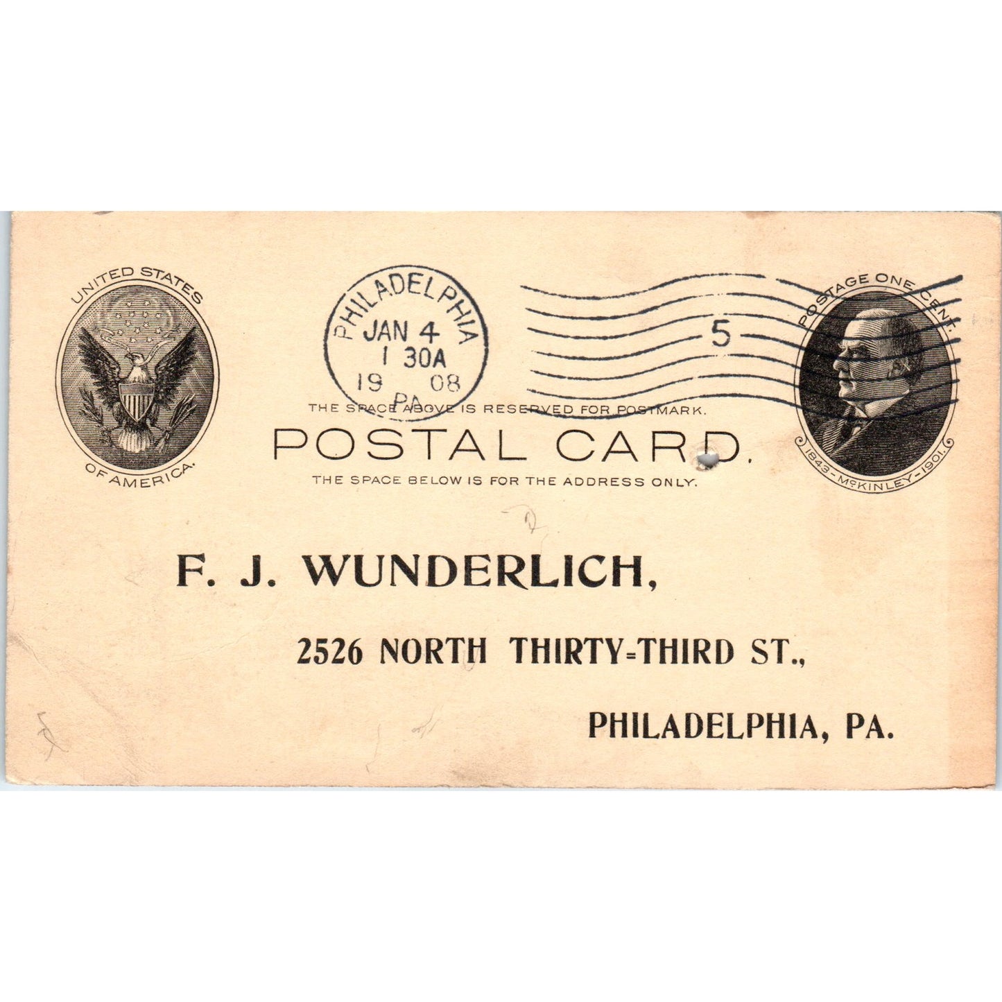 1908 F.J. Wunderlich Philadelphia PA Postal Mailing Card PE4