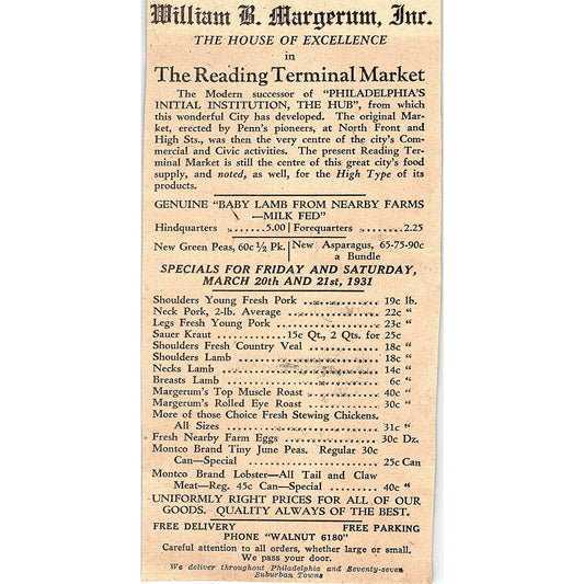 William B Margerum Inc House of Excellence Reading Terminal Market 1931 Ad AG3-4