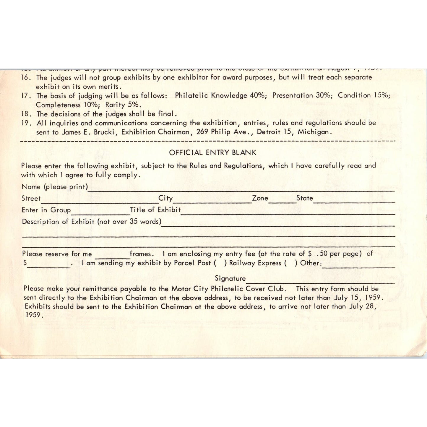 1959 Motor City Philatelic Cover Club Exhibition Leaflet AE9-X3