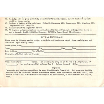 1959 Motor City Philatelic Cover Club Exhibition Leaflet AE9-X3