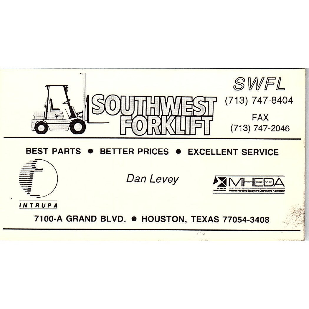 Dan Levy Southwest Forklift Houston Vintage Business Card SD9-B7