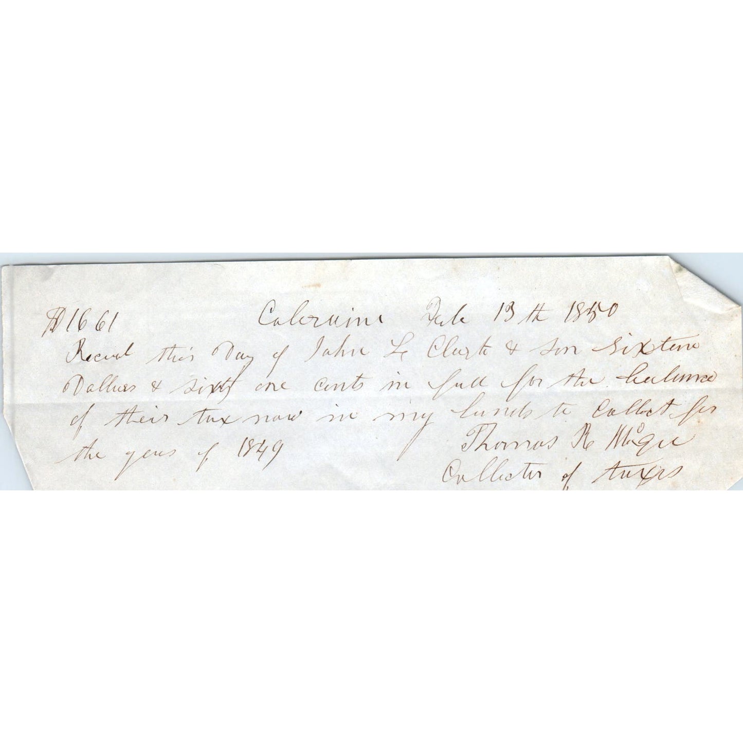 1850 Handwritten Receipt Colrain Massachusetts Tax Collector John Clark AE6-05