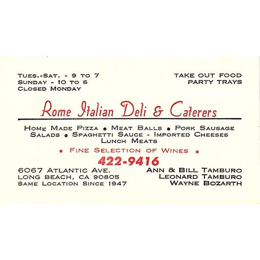 Rome Italian Deli & Caterers Ann Tamburo Long Beach CA Business Card SSB4-B13