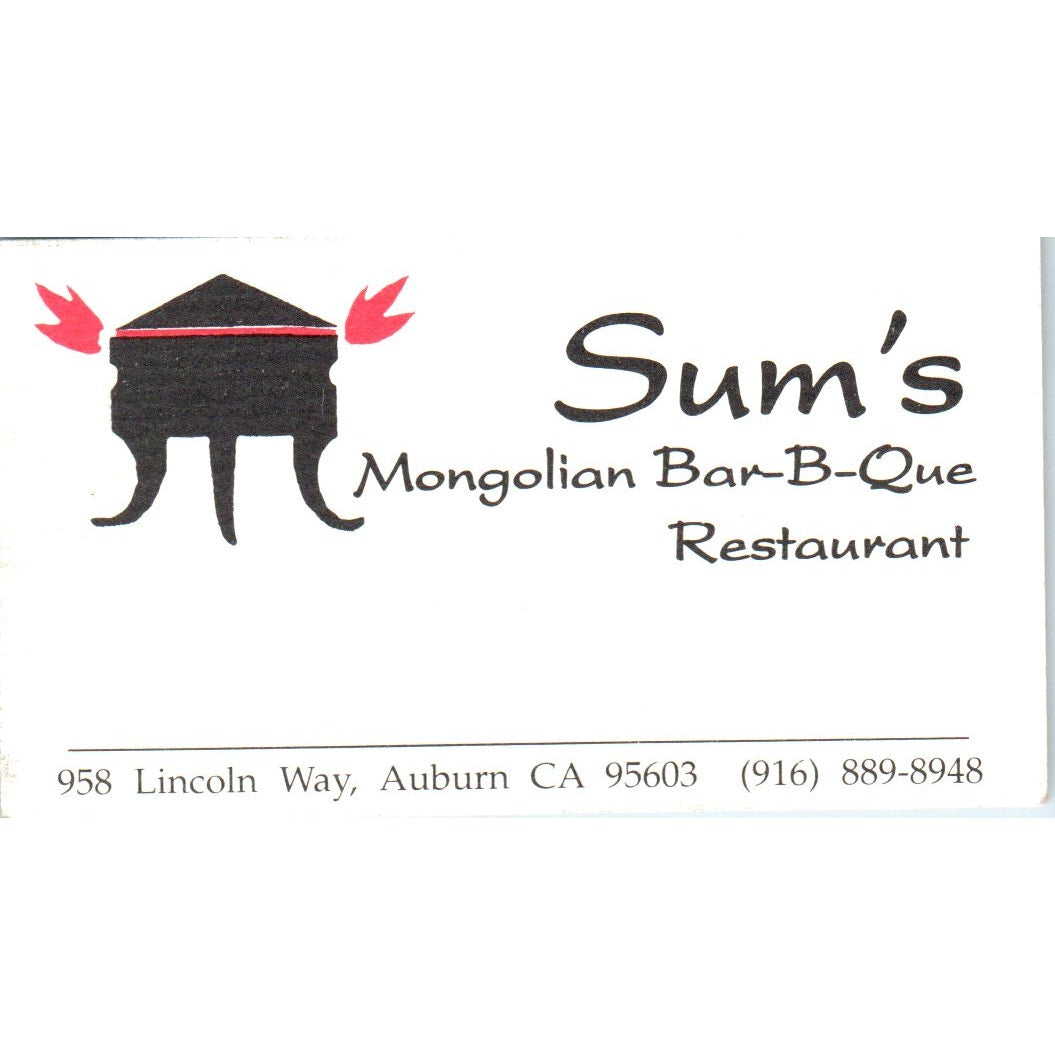 Sum's Mongolian Bar-B-Que Auburn CA Vintage Business Card SD8-B18