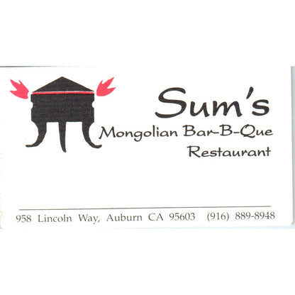 Sum's Mongolian Bar-B-Que Auburn CA Vintage Business Card SD8-B18