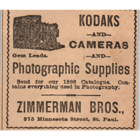 Zimmerman Bros Kodaks and Cameras Minnesota St St. Paul 1898 Newspaper Ad AF2-Q4