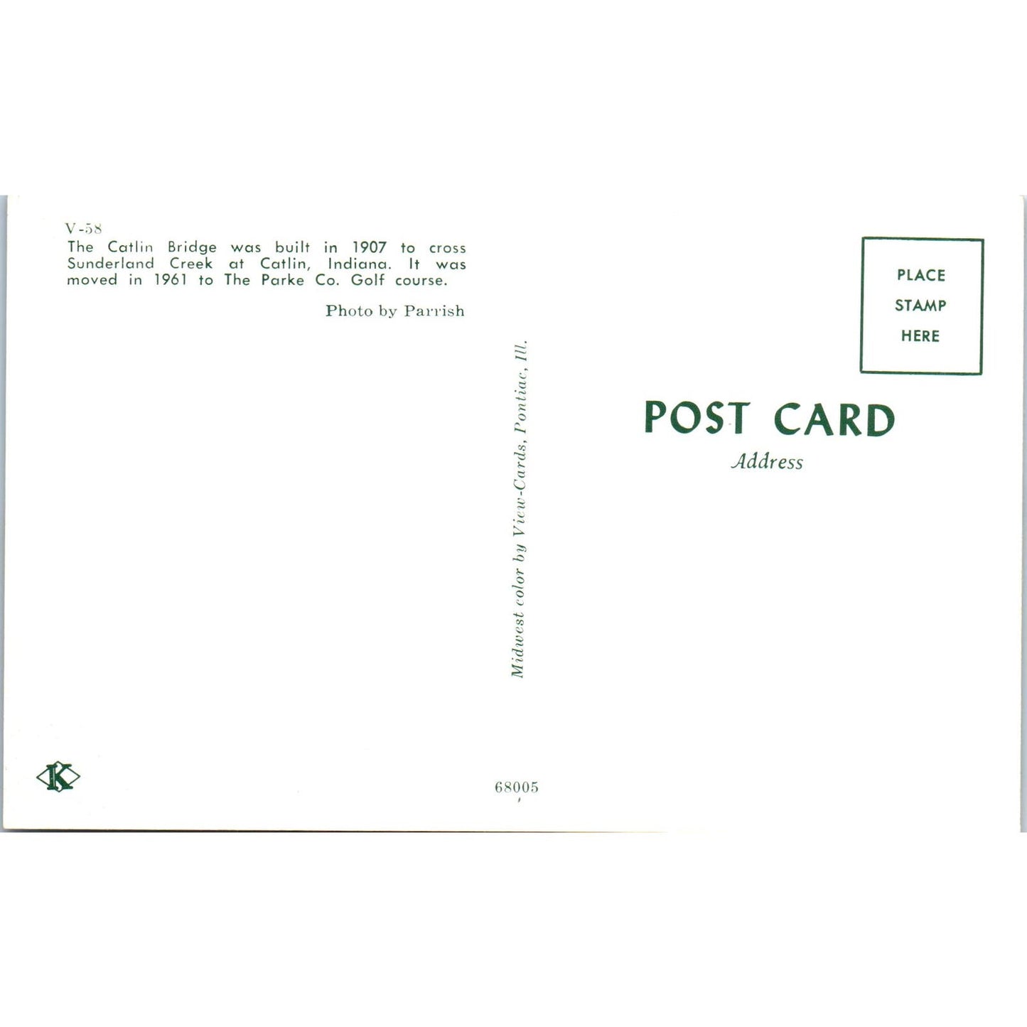 Catlin Bridge Sunderland Creek Indiana Vintage Covered Bridge Postcard PC16