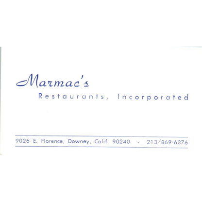 Marmac's Restaurants Inc Downey CA Vintage Business Card SD8-B7