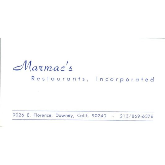 Marmac's Restaurants Inc Downey CA Vintage Business Card SD8-B7