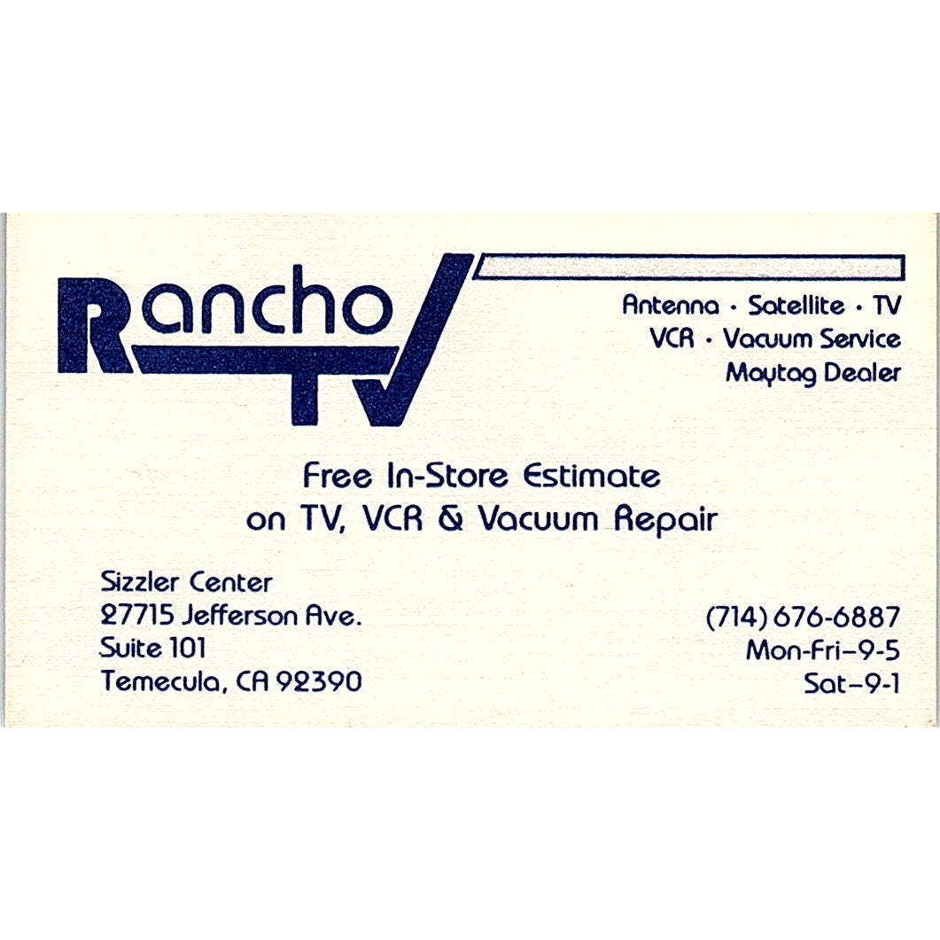 Rancho TV Sizzler Center Temecula CA Vintage Business Card SC9-B10