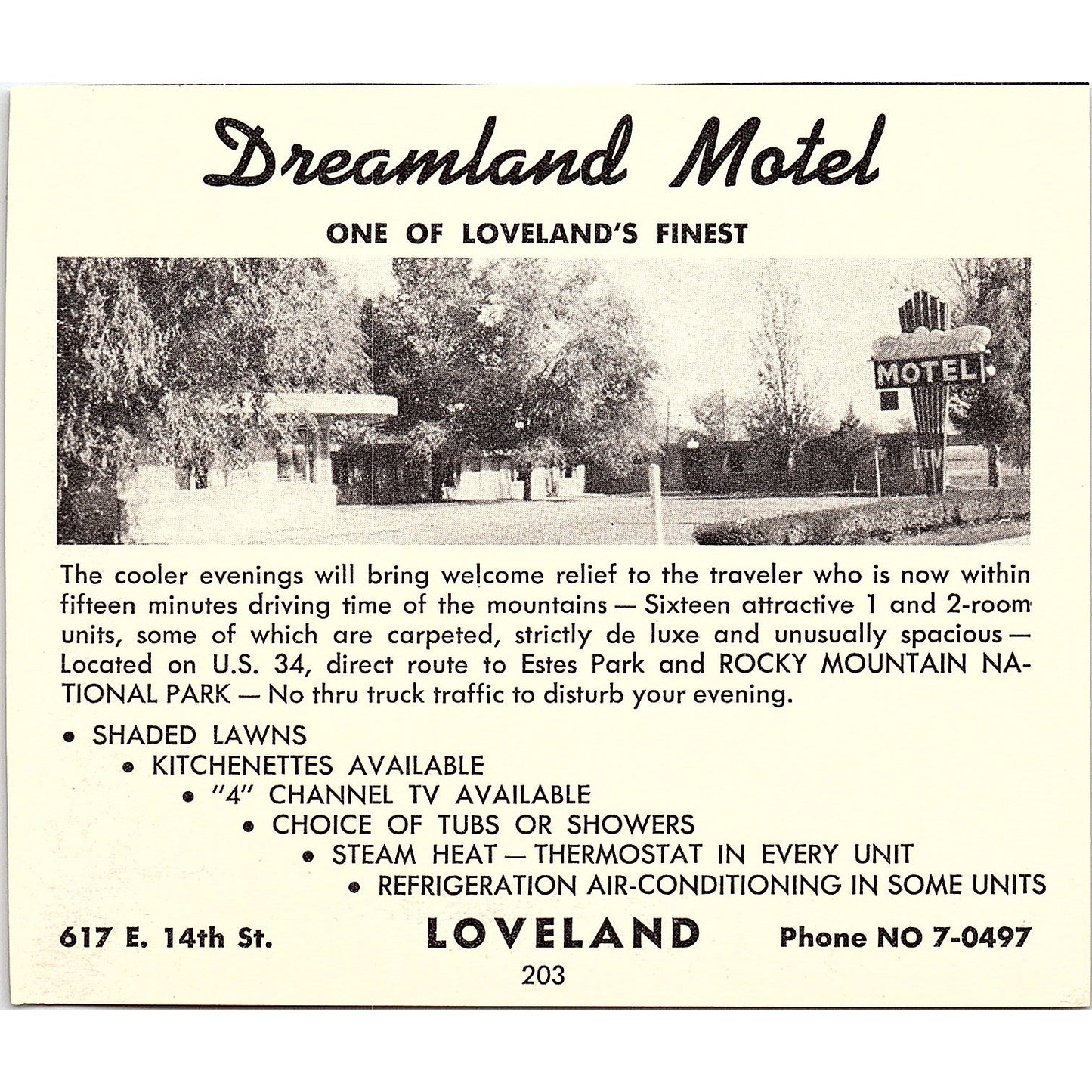 Sweetheart Shop Lela & Lloyd Hagerman, Dreamland Motel Loveland 1958 Ad AG1-H2