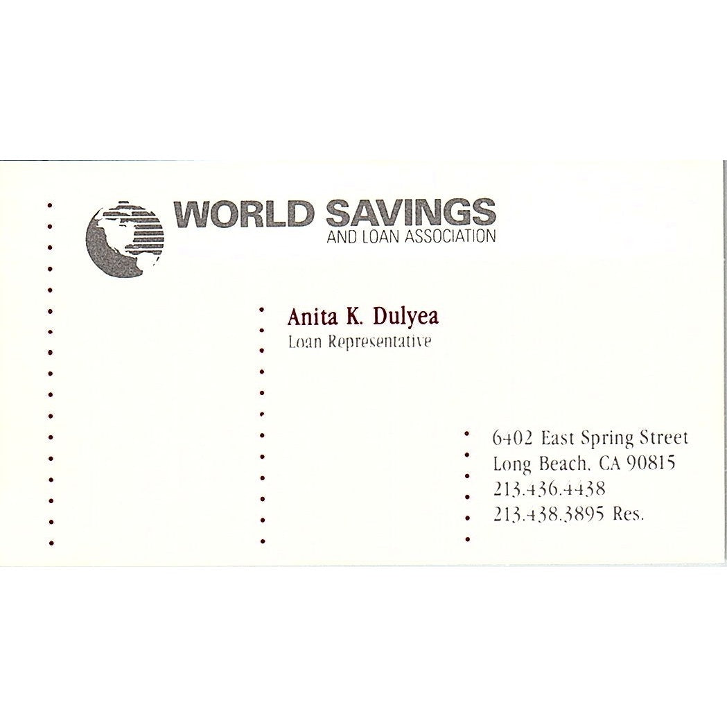 World Savings Anita K Dulyea Long Beach CA Vintage Business Card SB4-B10
