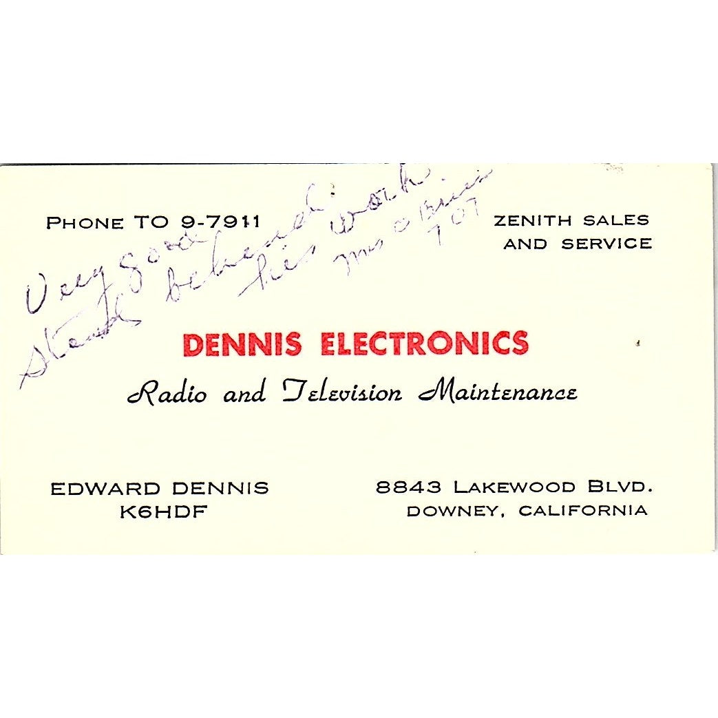 Dennis Electronics Edward Dennis Radio Maintenance Downey CA Busines Card SF3-B7