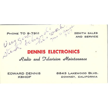 Dennis Electronics Edward Dennis Radio Maintenance Downey CA Busines Card SF3-B7