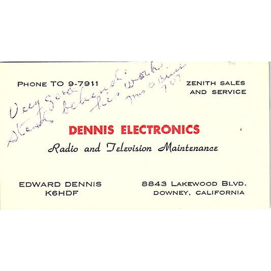 Dennis Electronics Edward Dennis Radio Maintenance Downey CA Busines Card SF3-B7