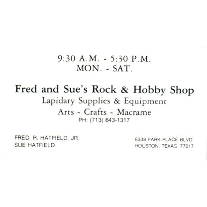 Fred & Sue Hatfield Rock & Hobby Shop Houston TX Vintage Business Card SD8-B7