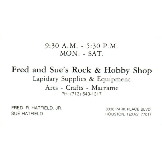 Fred & Sue Hatfield Rock & Hobby Shop Houston TX Vintage Business Card SD8-B7