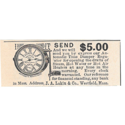 J.A. Lakin & Co Automatic Time Damper Westfield MA 1892 Magazine Ad AK6-S1