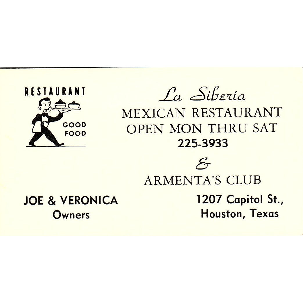 Joe & Veronica La Siberia Restaurant Armenta's Club Houston Business Card SD9-B6