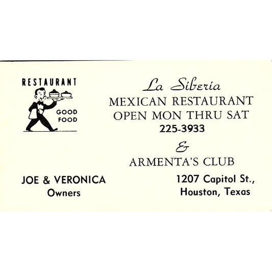 Joe & Veronica La Siberia Restaurant Armenta's Club Houston Business Card SD9-B6