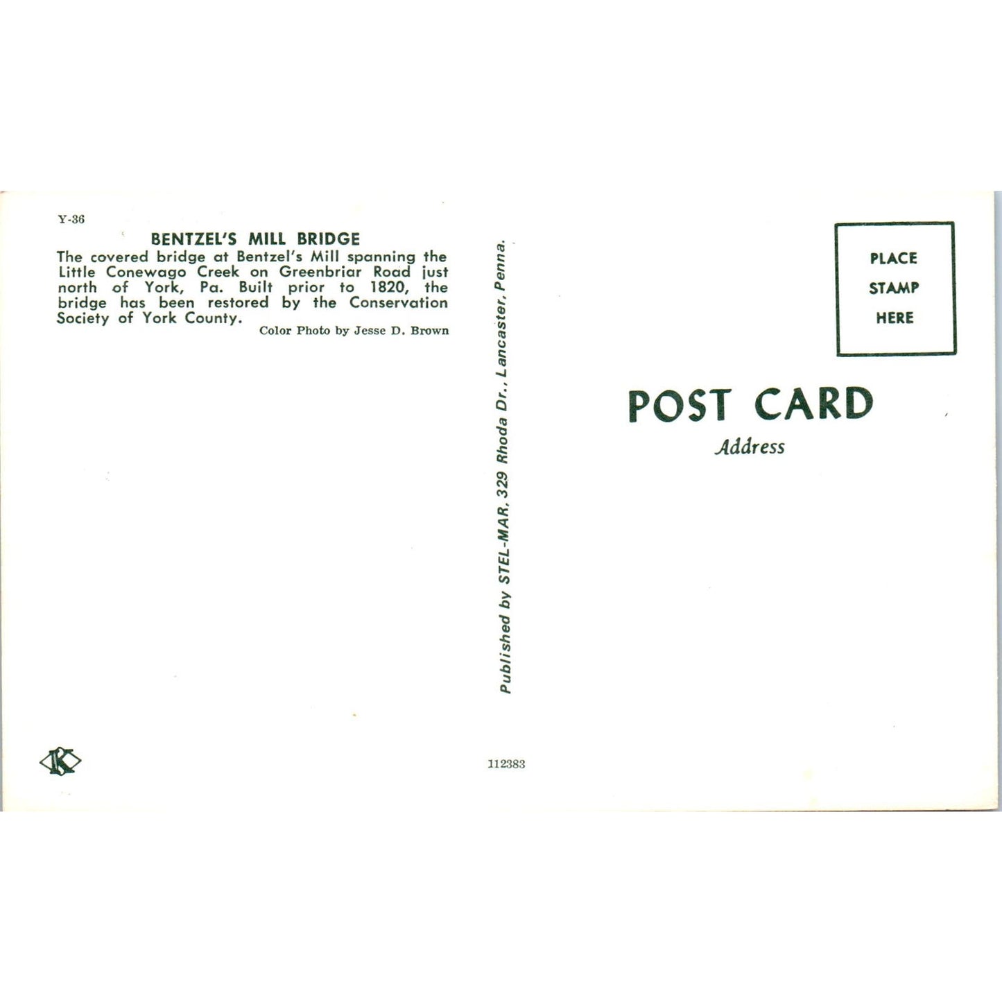 Bentzel's Mill Bridge York PA Vintage Covered Bridge Postcard PD6