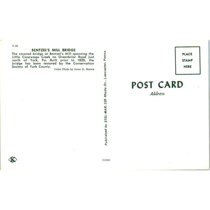 Bentzel's Mill Bridge York PA Vintage Covered Bridge Postcard PD6