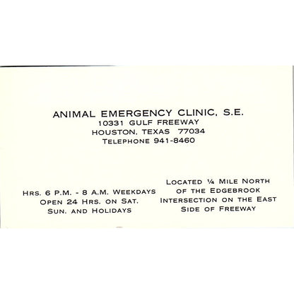 Animal Emergency Clinic, E.E. Houston Vintage Business Card SE5-B1