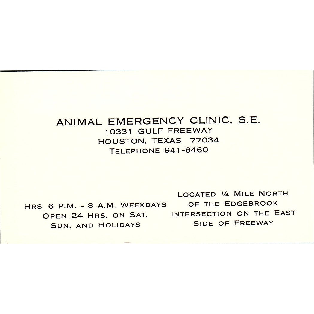 Animal Emergency Clinic, S.E. Houston Vintage Business Card SE5-B1