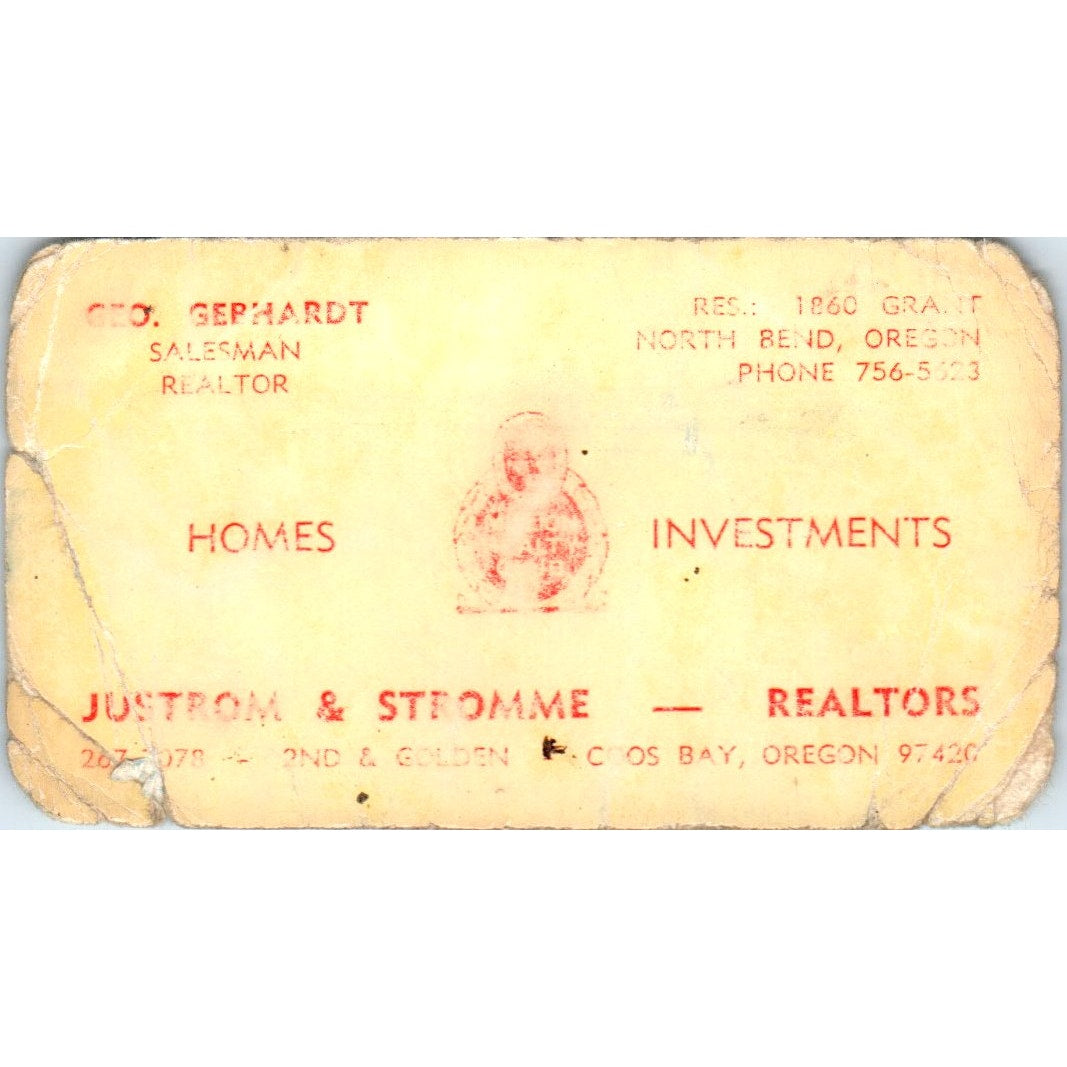 Geo Gephardt Justin & Stromme Realtors North Bend OR Vtg Business Card SD8-B2