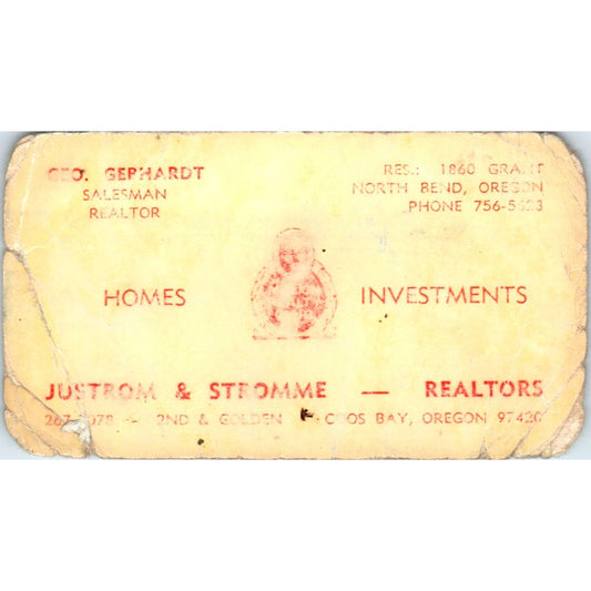 Geo Gephardt Justin & Stromme Realtors North Bend OR Vtg Business Card SD8-B2