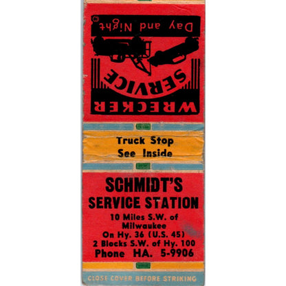 Schmidt's Service Station Milwaukee WI Vintage Matchbook Cover SD4-Y3
