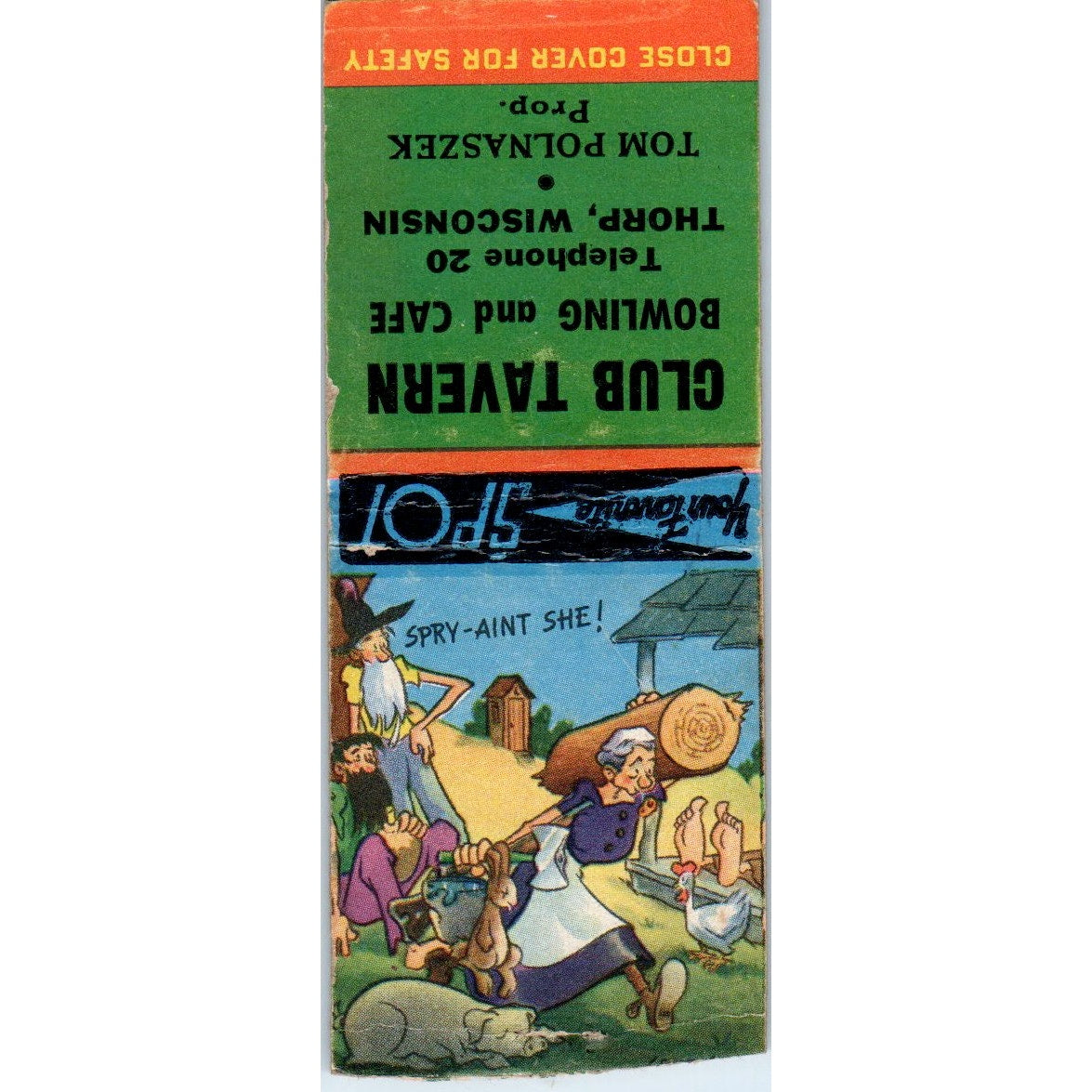 Club Tavern Bowling & Cafe Thorp WI Tom Polnaszek Vintage Matchbook Cover SD2-Y1