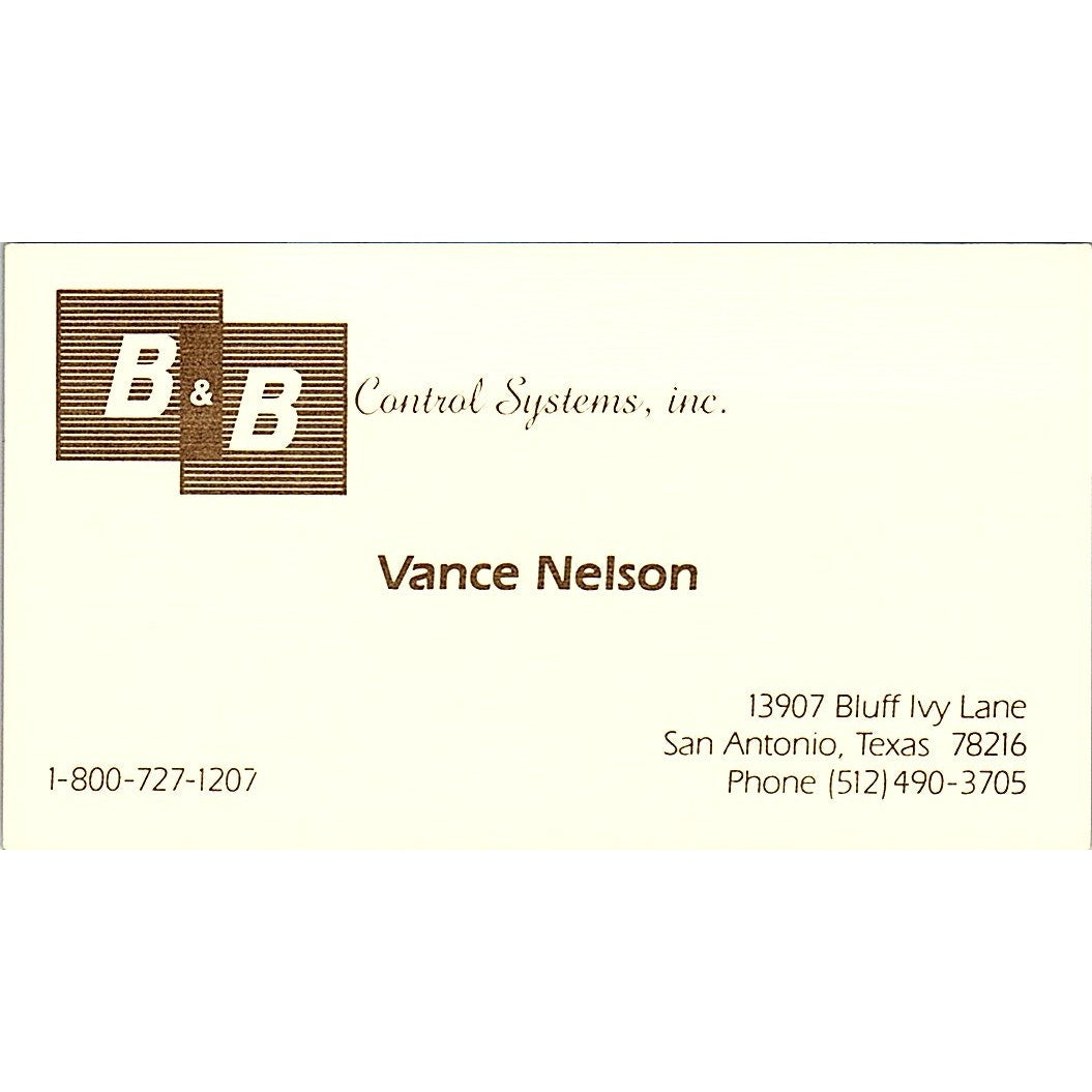 Vance Nelson B&B Control Systems San Antonio TX Vintage Business Card SD9-B12