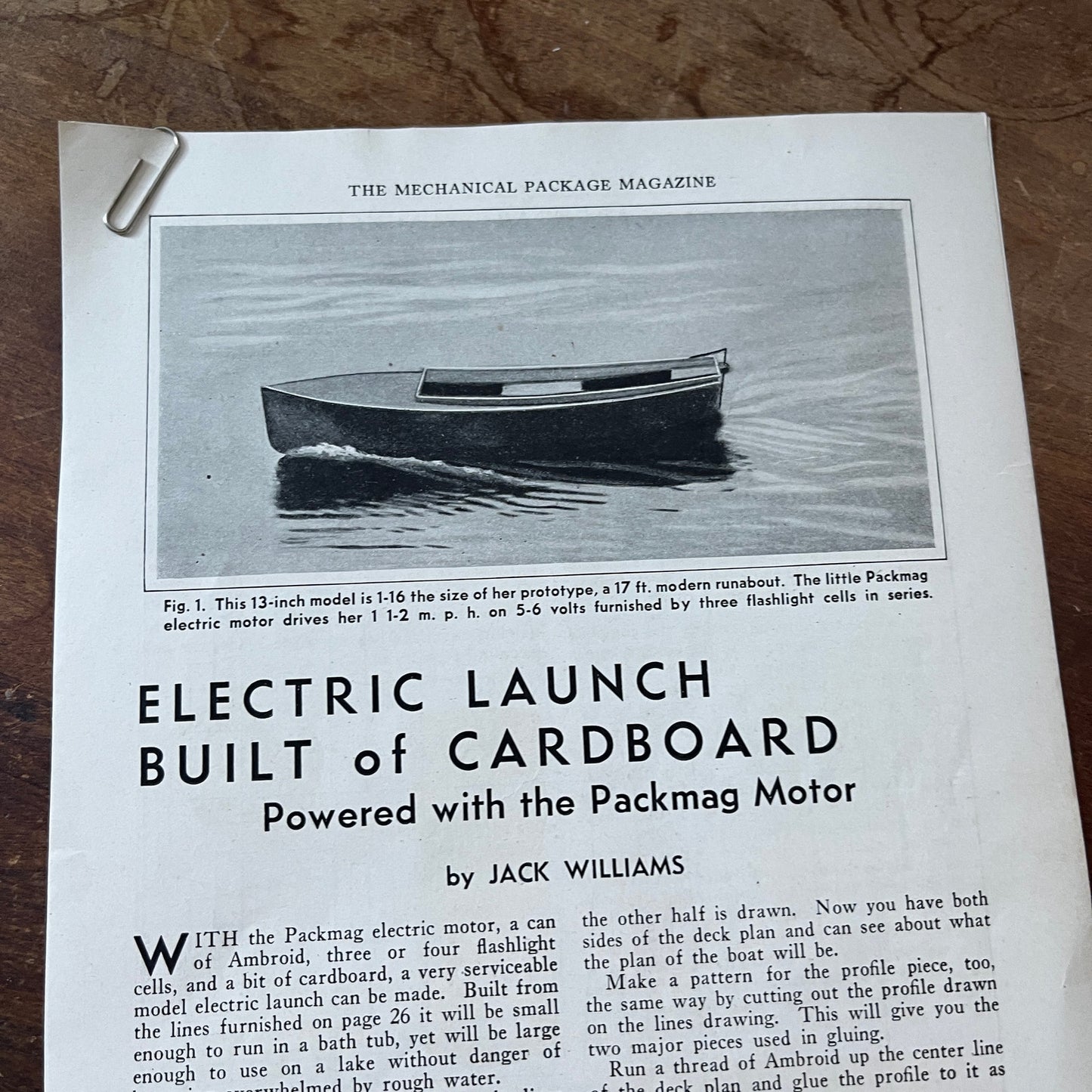 Electric Launch Built of Cardboard Packmag Motor 2 Pages 1931 Article AG1-13