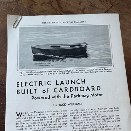 Electric Launch Built of Cardboard Packmag Motor 2 Pages 1931 Article AG1-13