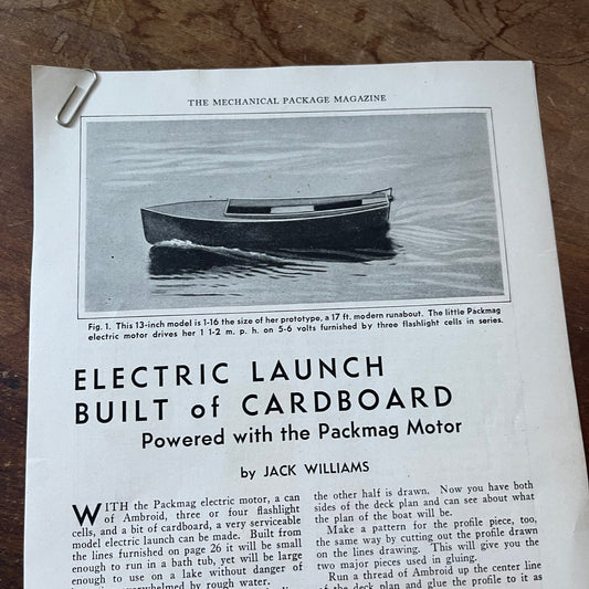 Electric Launch Built of Cardboard Packmag Motor 2 Pages 1931 Article AG1-13
