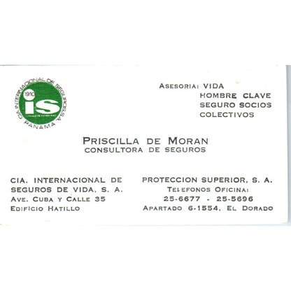 Priscilla De Moran Cia. Internacional De Seguros De Vida El Dorado Card SD8-B16