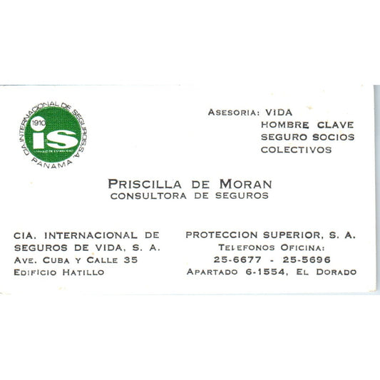 Priscilla De Moran Cia. Internacional De Seguros De Vida El Dorado Card SD8-B16