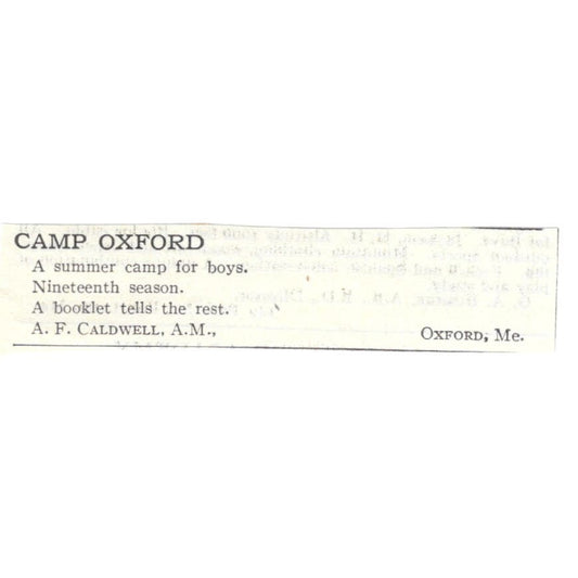 Camp Oxford A.F Caldwell Oxford ME c1918 Original Magazine Advertisement AE5-SA4