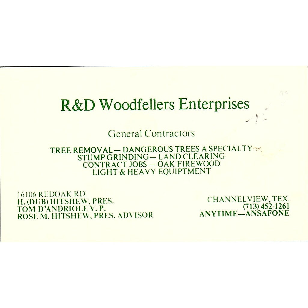 H. Hitshew R&D Woodfellers Enterprises Channelview TX Vtg Business Card SD9-B3