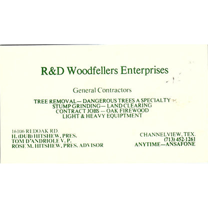 H. Hitshew R&D Woodfellers Enterprises Channelview TX Vtg Business Card SD9-B3