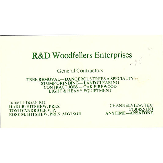 H. Hitshew R&D Woodfellers Enterprises Channelview TX Vtg Business Card SD9-B3
