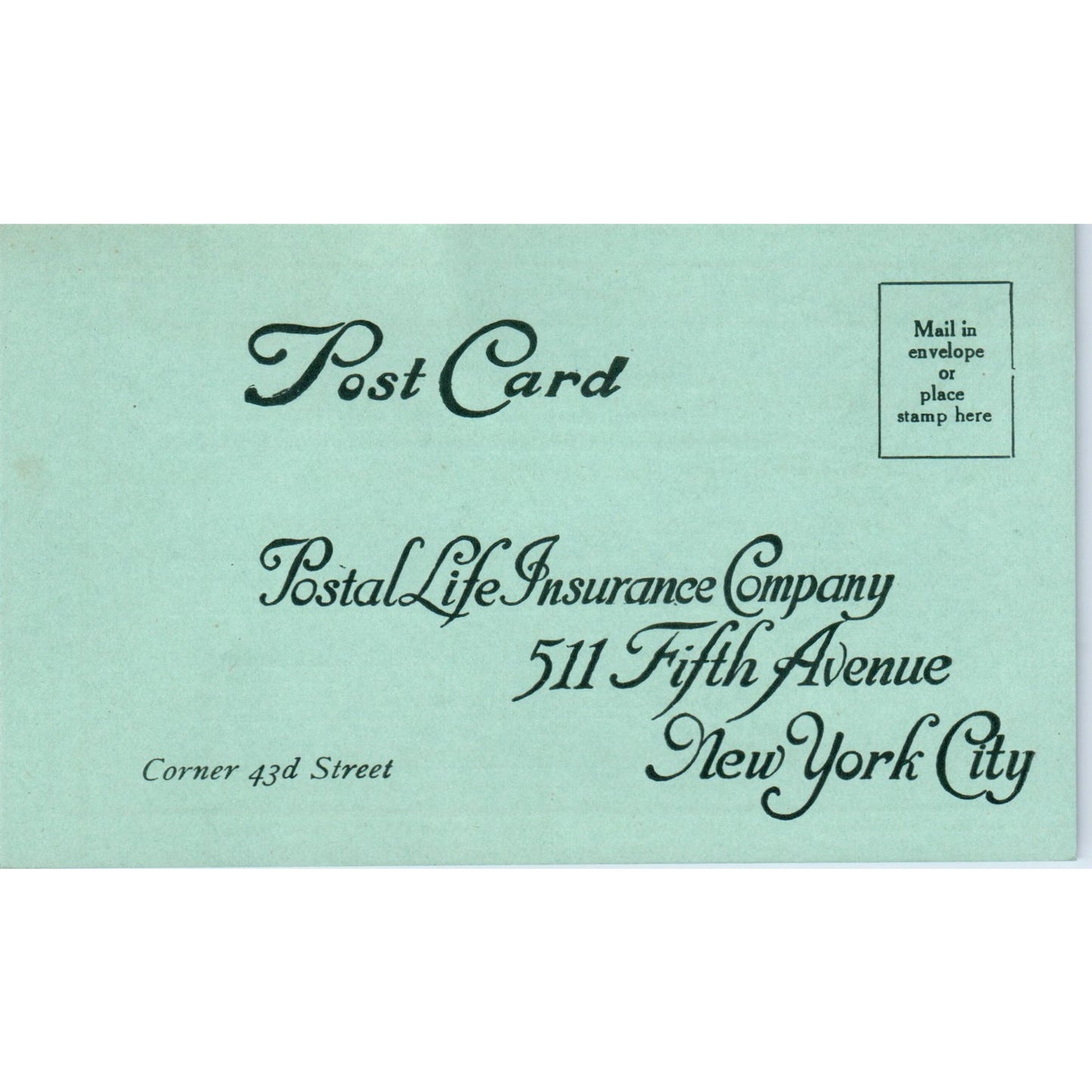 Postal Life Ins Co New York Vintage Postal Mailing Card PE7