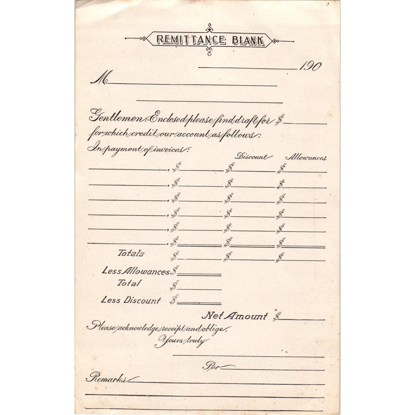 c1900 Remittance Blank Form Unused AF1-RR6