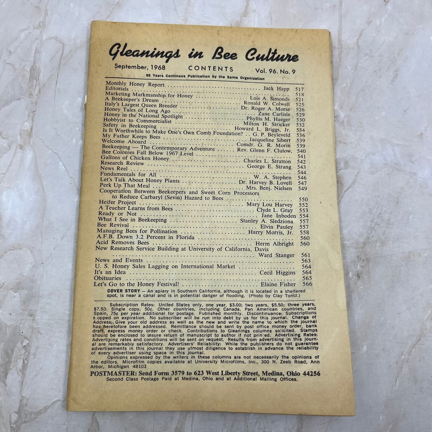 1968 Sept COVERLESS Gleanings in Bee Culture Magazine Bees Beekeeping Honey TD7