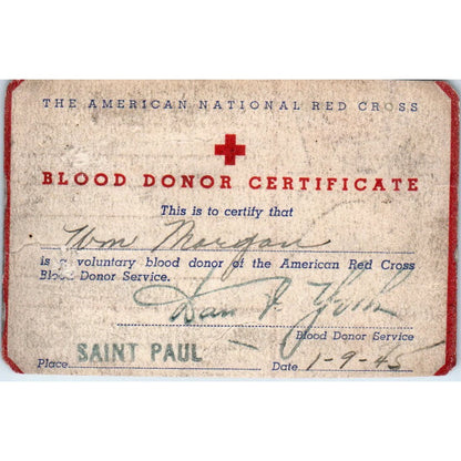 1945 WWII American Red Cross Blood Donor Card St. Paul MN AE2