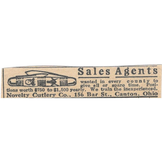 Novelty Cutlery Co Sales Agents Wanted Canton Ohio 1920 Ad AG2-S2